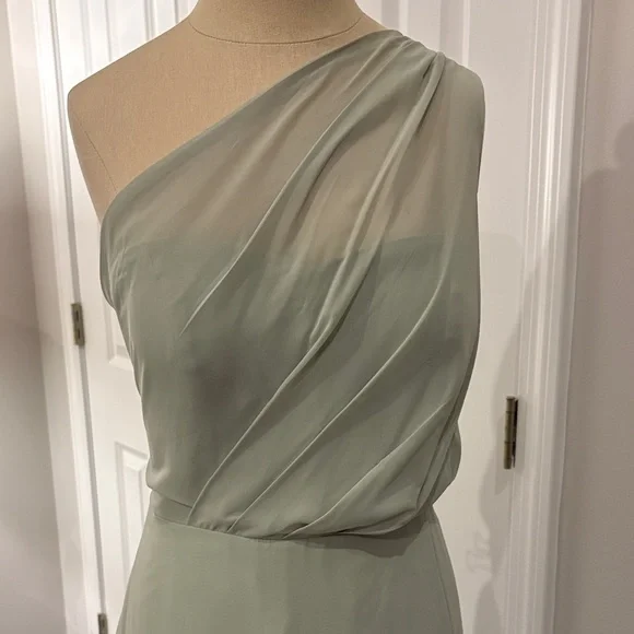 Chic One Shoulder Dress in Soft Sage Green - Picture 2 of 11